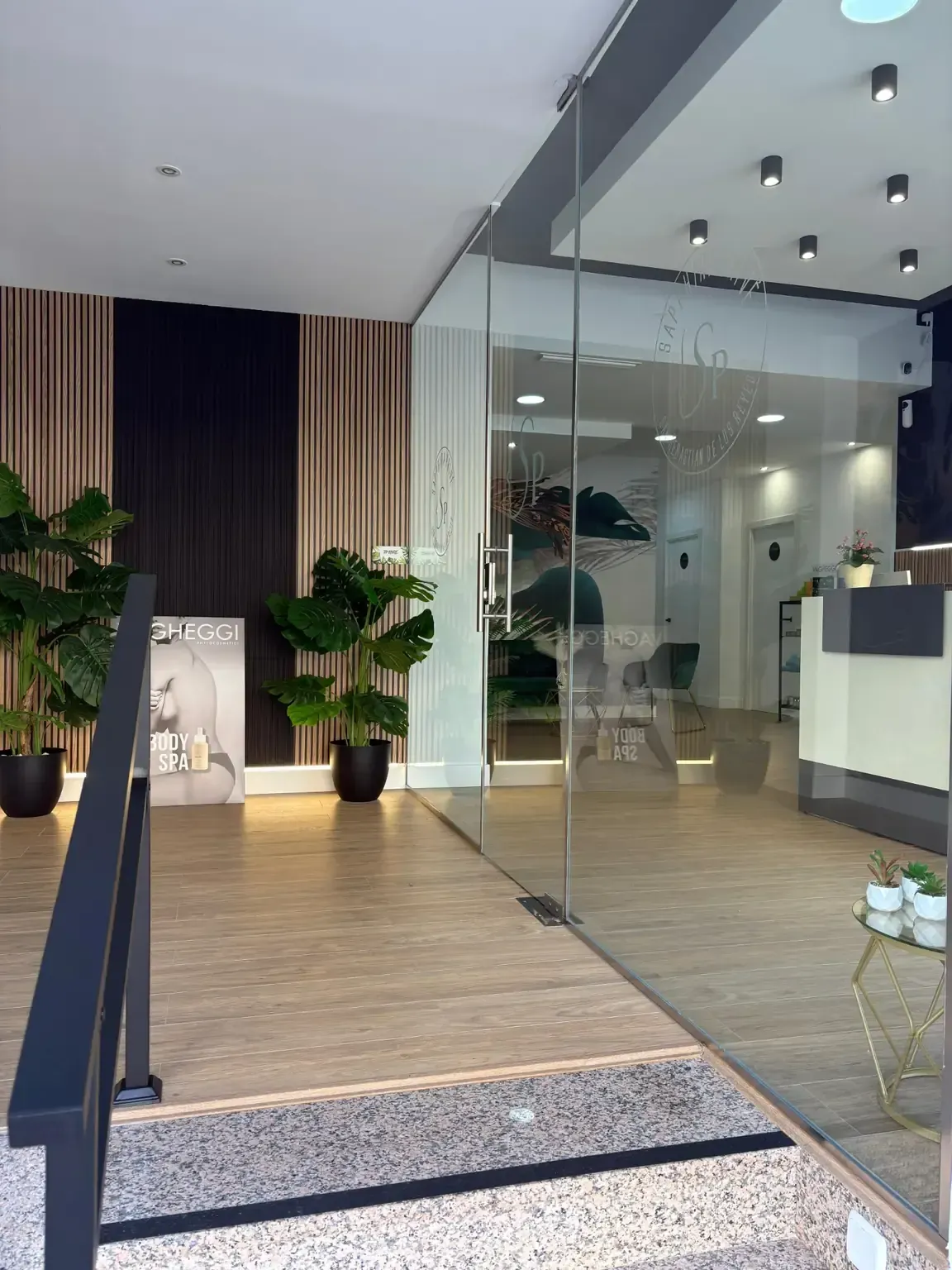 Entrada a una oficina moderna, puerta de vidrio, plantas, mostrador de recepción y piso de madera.