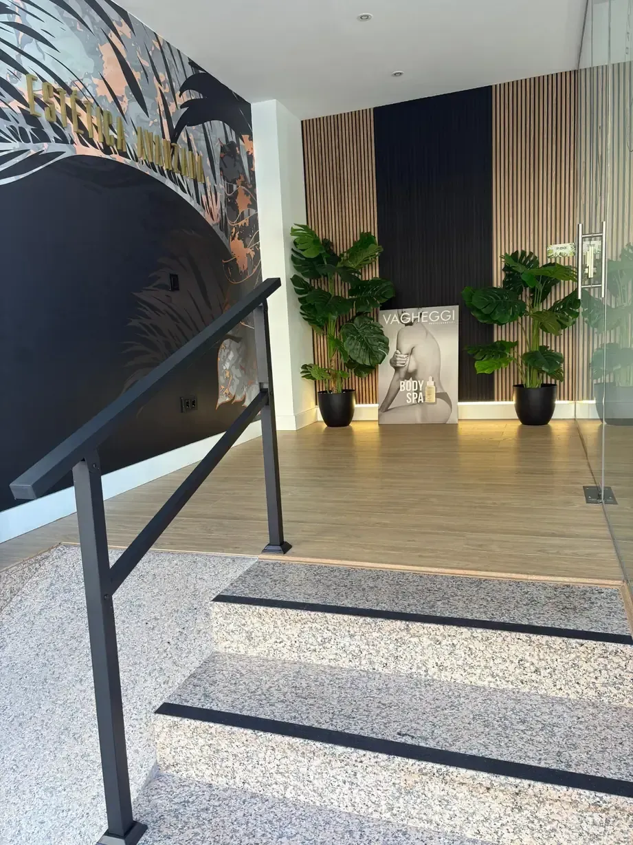 Una entrada moderna con escalones, barandilla negra, suelo de terrazo y paredes decorativas, con plantas en macetas.