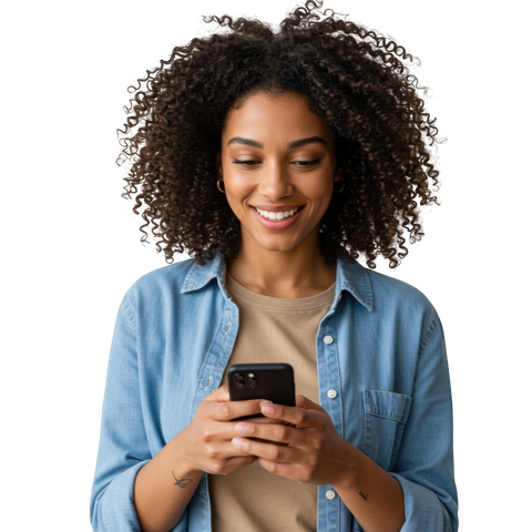 Femme aux cheveux bouclés souriant en regardant un smartphone.