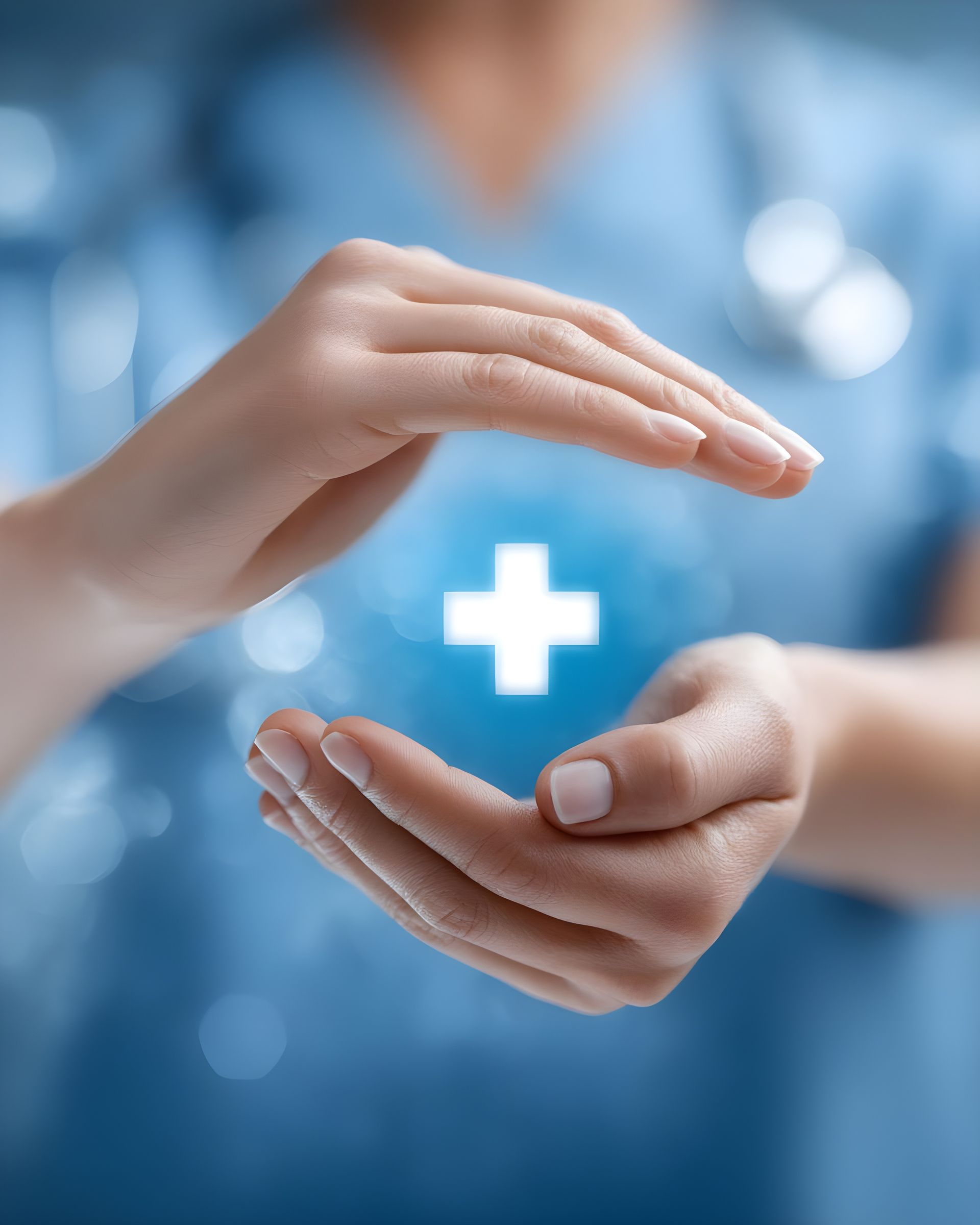 Des mains tenant une croix blanche brillante, probablement un symbole de soins de santé ou médical.