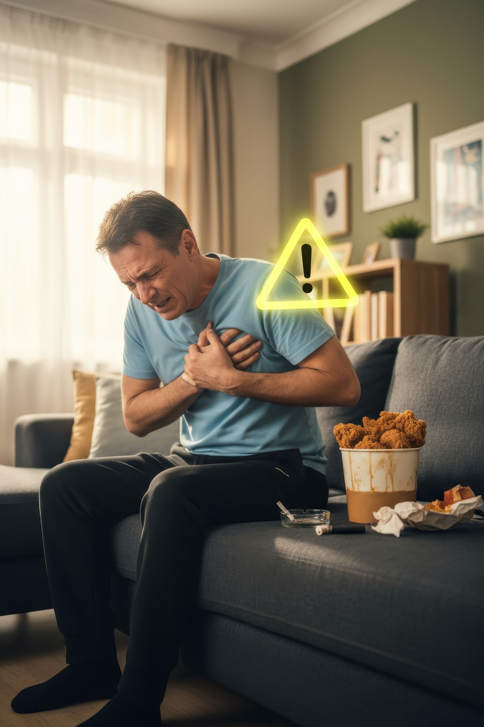 Un homme se tenant la poitrine, grimaçant de douleur, sur un canapé à côté d'un fast-food, avec un panneau d'avertissement superposé.