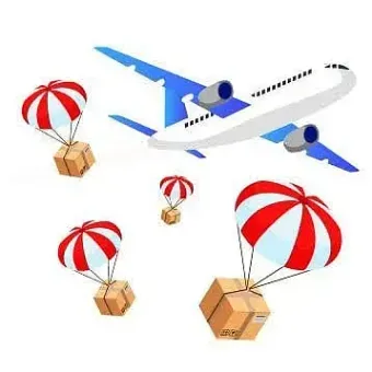 Un avión está volando con paracaídas que transportan cajas.