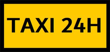Señal rectangular amarilla con texto negro "TAXI 24H".