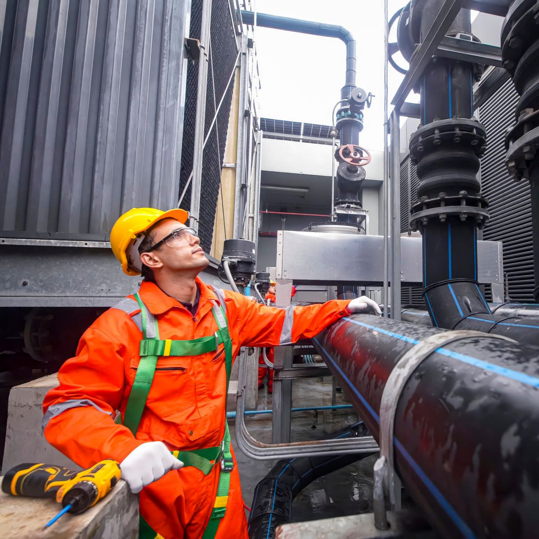 Un ouvrier en combinaison orange et casque de chantier inspecte des canalisations industrielles à l'extérieur.