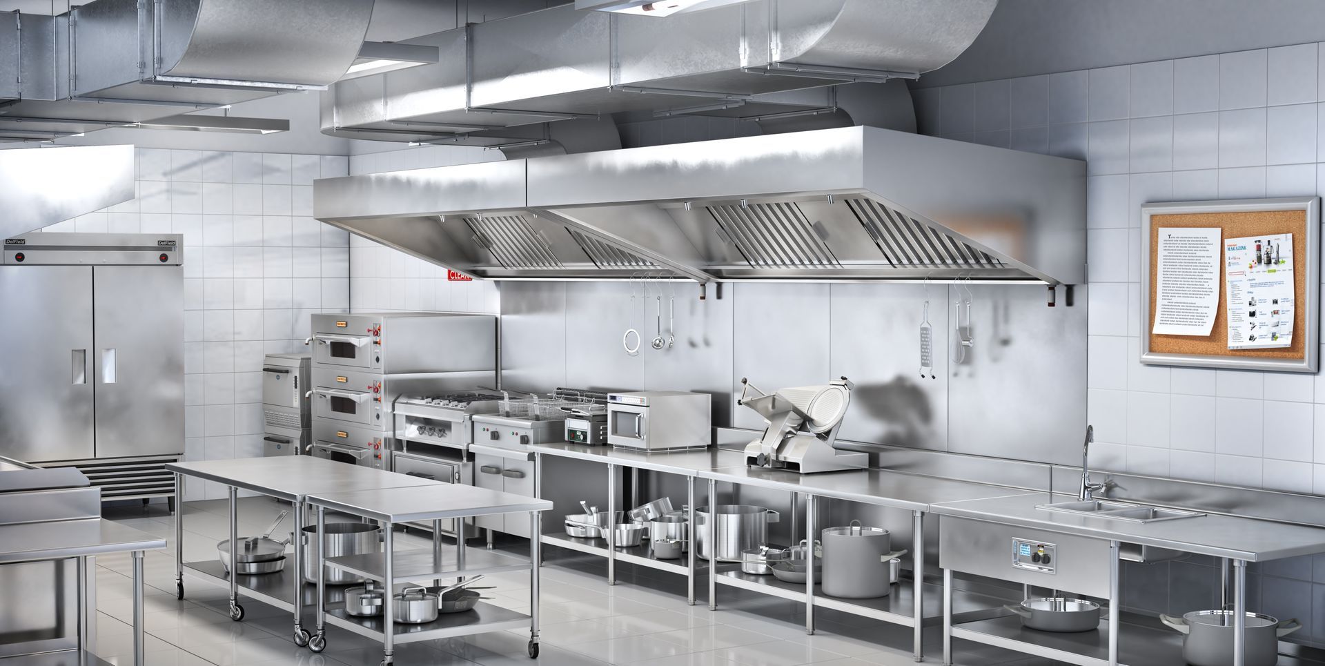 Cuisine professionnelle en acier inoxydable avec équipements de cuisson et système de ventilation.