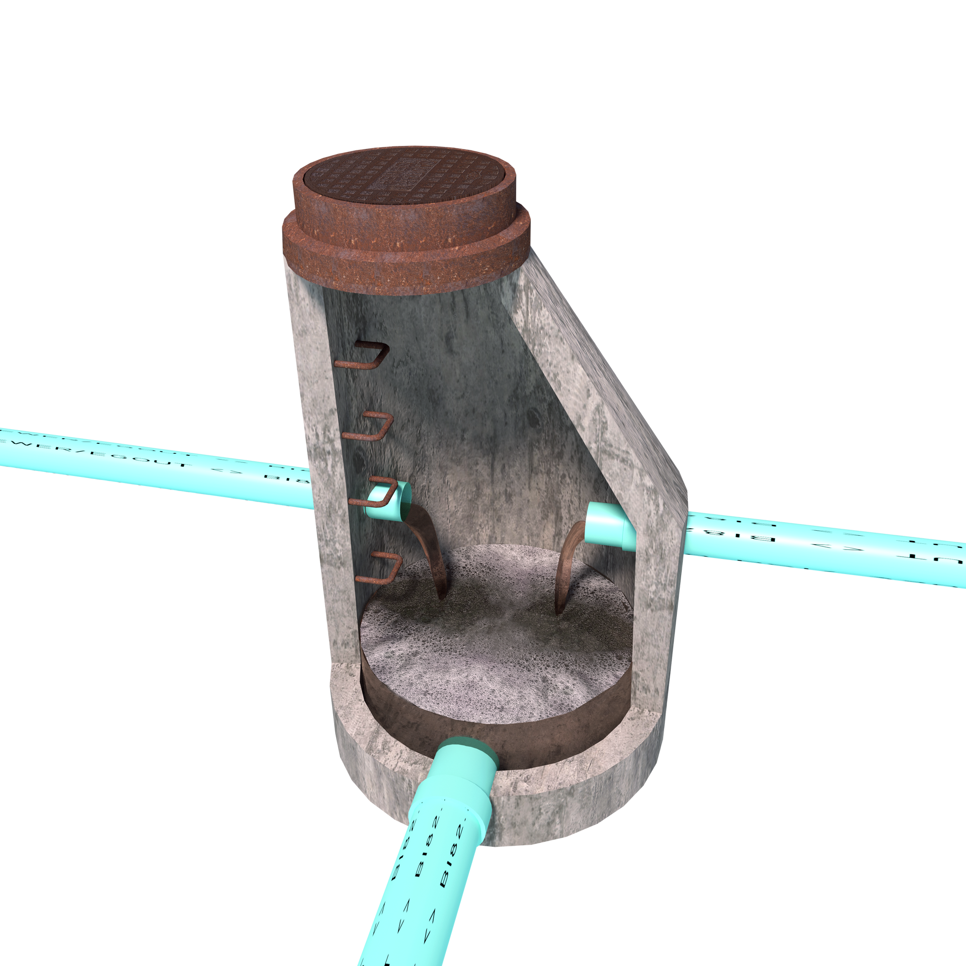 Vue en coupe d'un regard d'égout en béton, montrant les canalisations et les éléments internes.