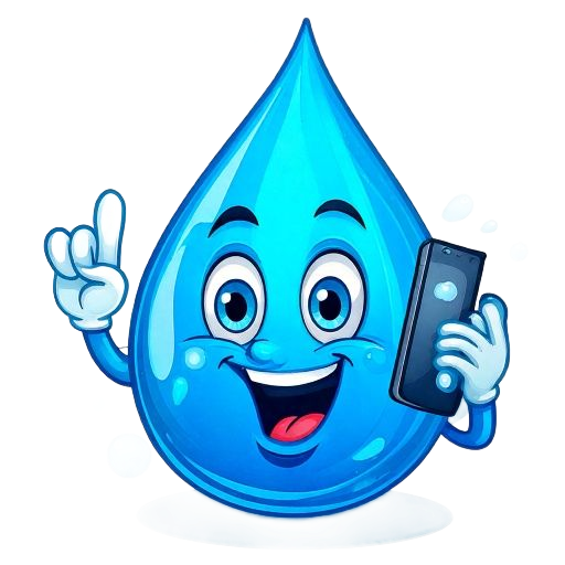 Goutte d'eau bleue de dessin animé avec un téléphone, souriante et pointant vers le haut.