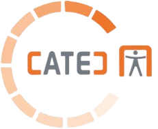 Logo avec une forme UC entrelacée bleu marine et pêche sur le texte Capec.