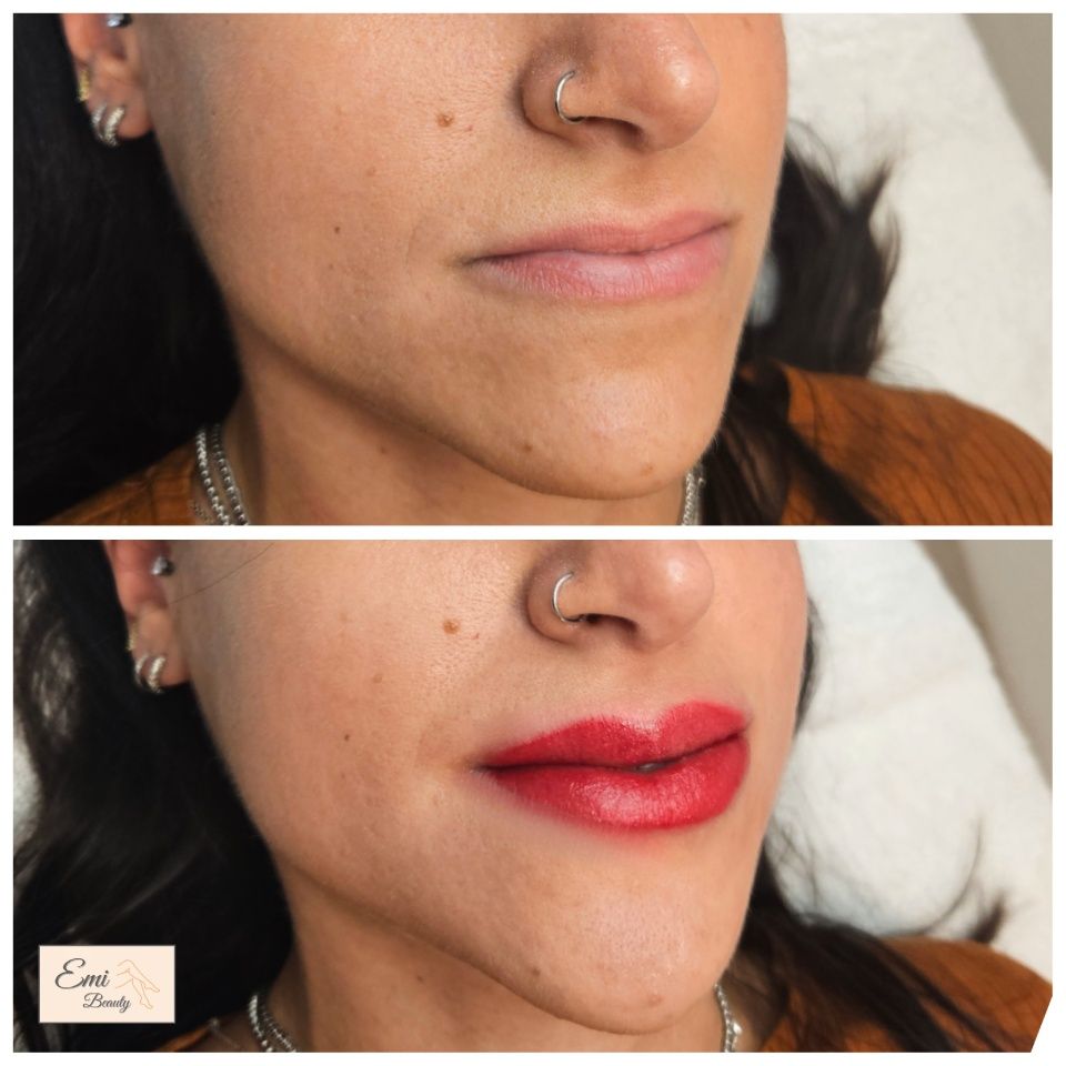 Vorher-Nachher-Foto von Lippen-Make-up. Oben: ungeschminkte Lippen. Unten: roter Lippenstift aufgetragen.