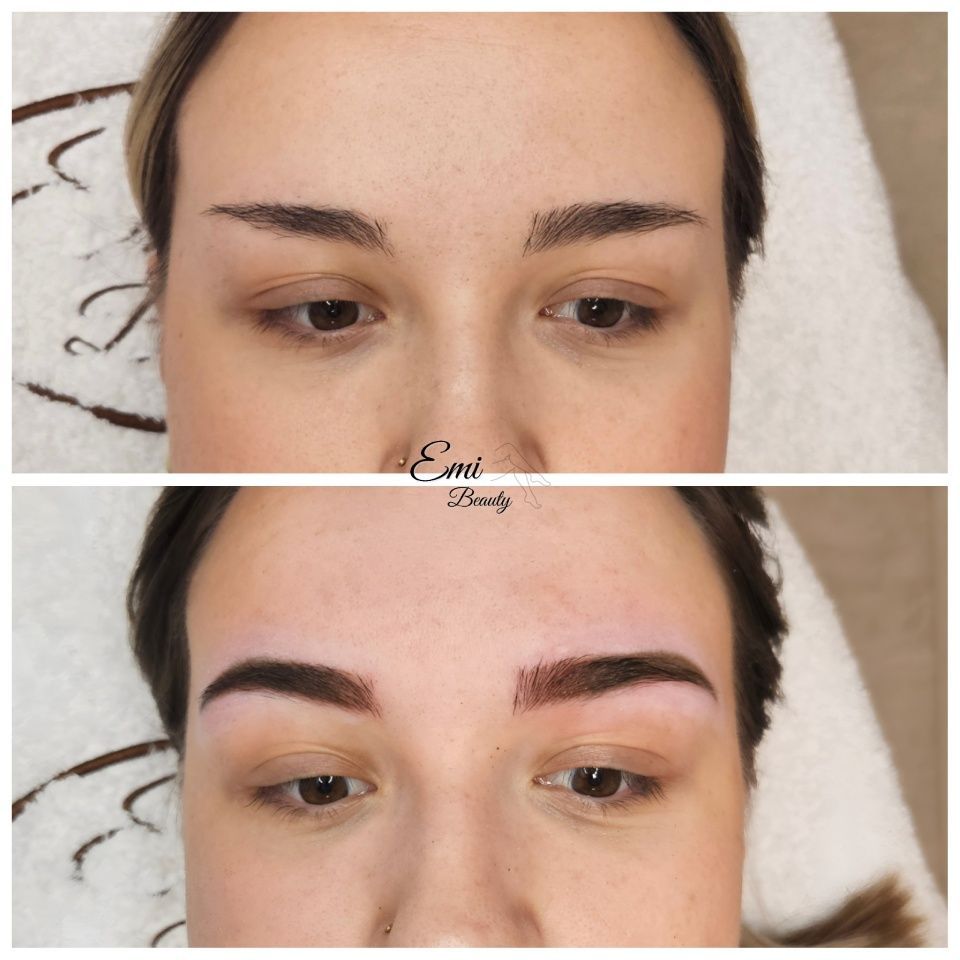 Vorher-Nachher-Vergleich der Augenbrauen; oben: spärliche Augenbrauen, unten: aufgefüllte, definierte Augenbrauen.