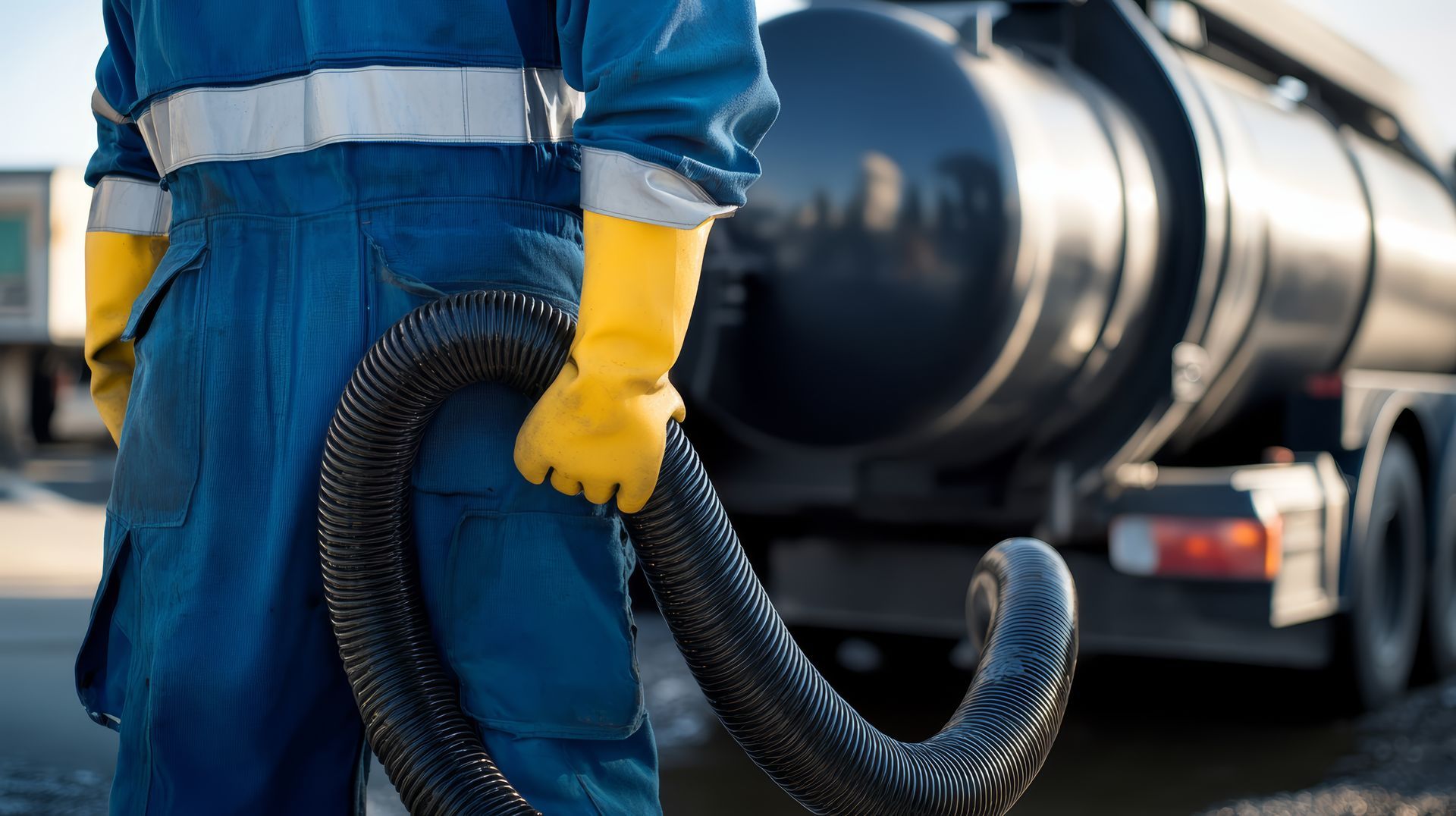 Un ouvrier en combinaison bleue et avec des gants jaunes tient un tuyau noir près d'un camion-citerne.
