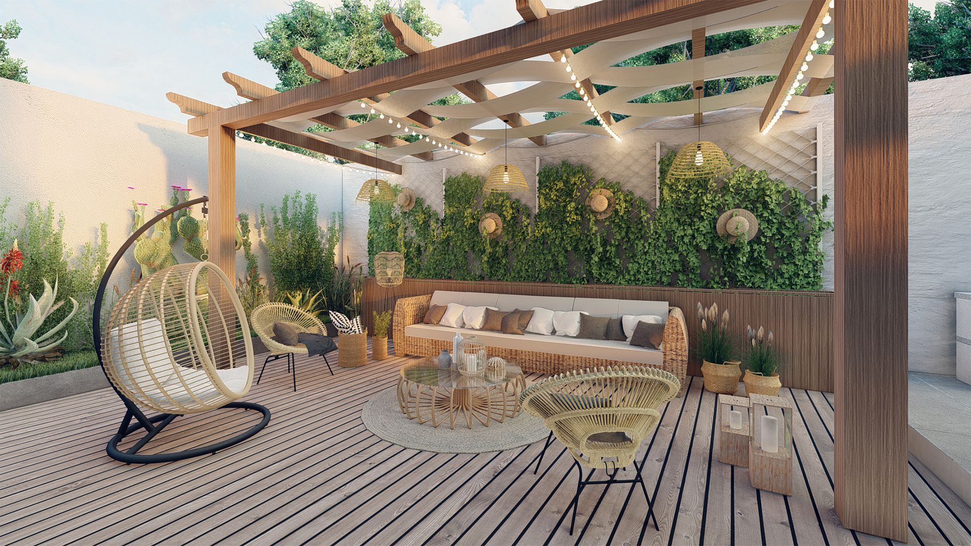 Terrasse extérieure avec plancher en bois, pergola, fauteuil suspendu, canapé, meubles en osier et végétation luxuriante.
