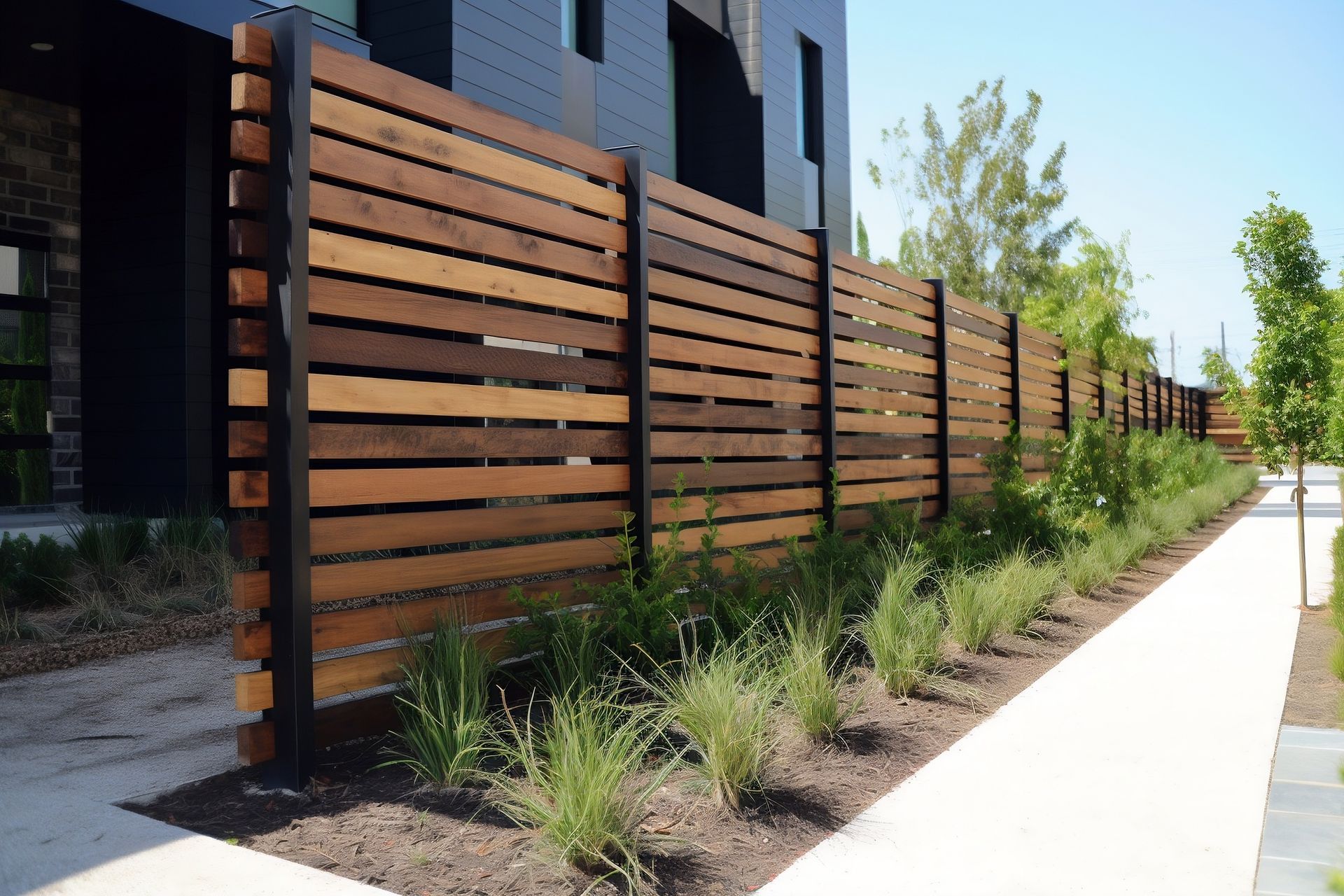 Clôture en bois à lattes horizontales avec des poteaux foncés et une rangée de plantes le long d'un trottoir.