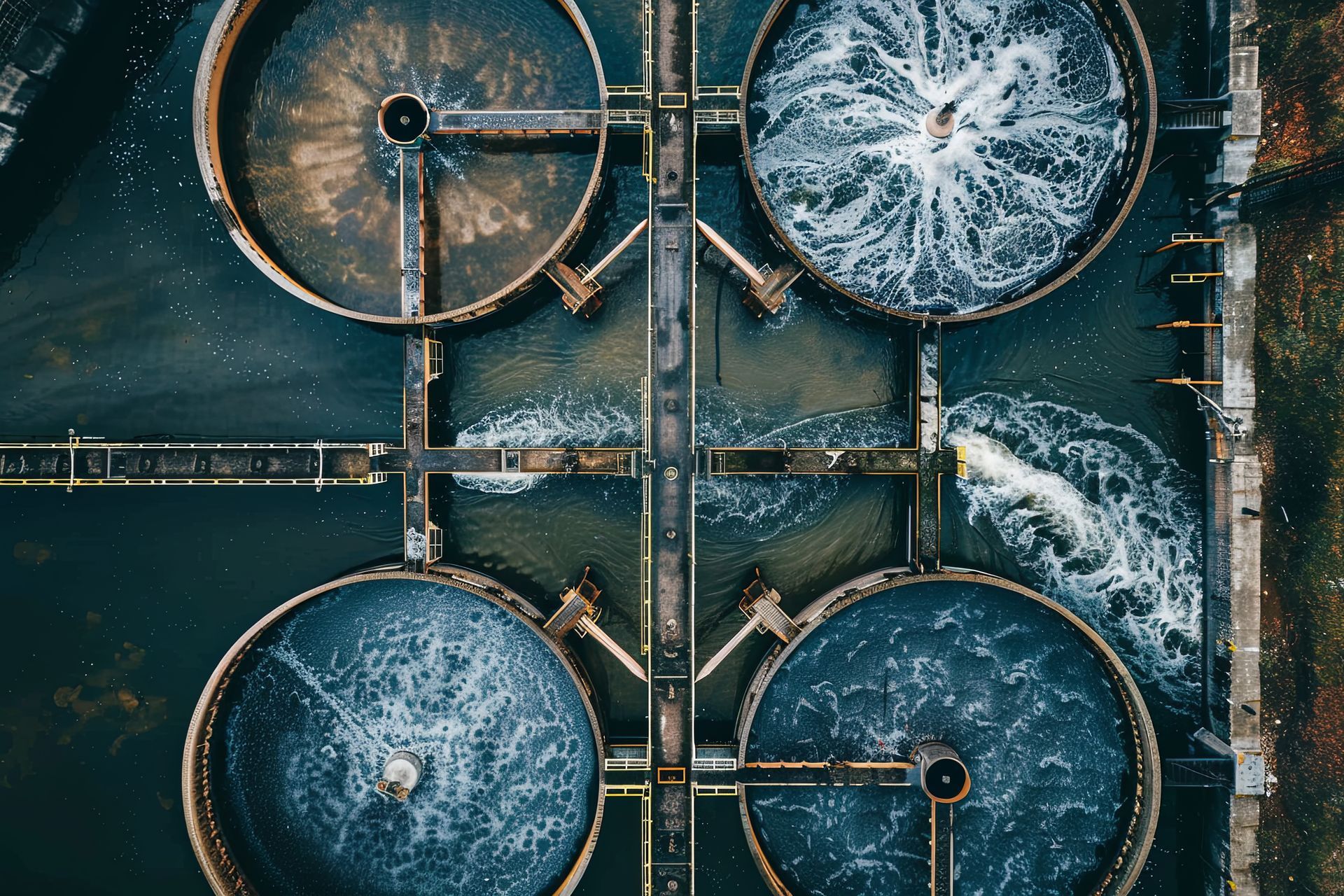 Vue aérienne d'une station d'épuration des eaux avec des réservoirs circulaires d'où bouillonne l'eau.
