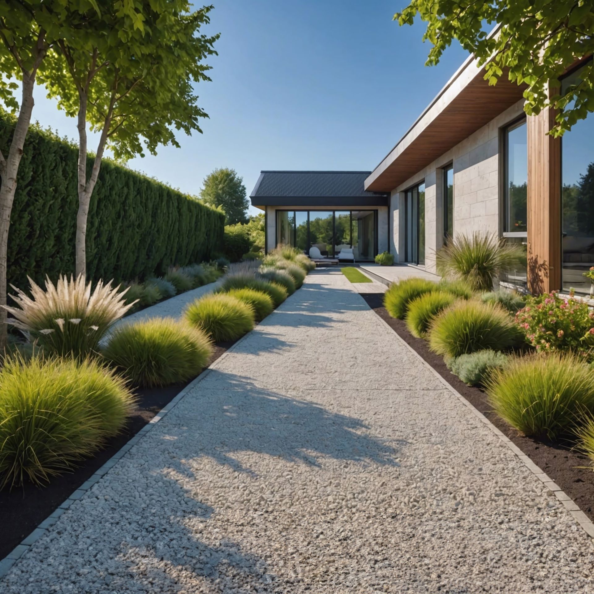 Un chemin de gravier mène à une maison moderne entourée de verdure et d'aménagements paysagers. Ciel bleu et ensoleillé.