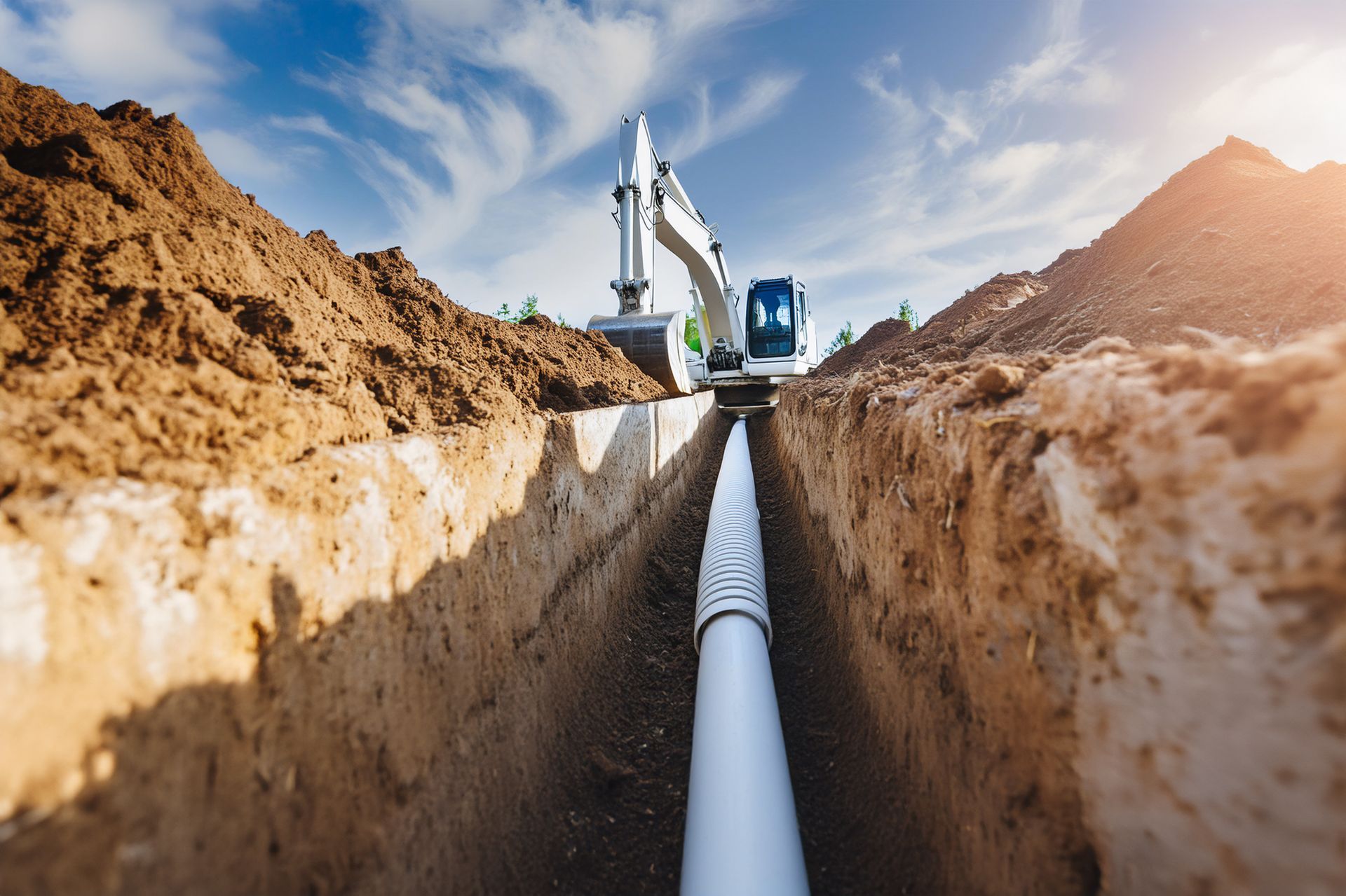 Une excavatrice pose un tuyau blanc dans une tranchée sous un ciel bleu, des tas de terre de part et d'autre.