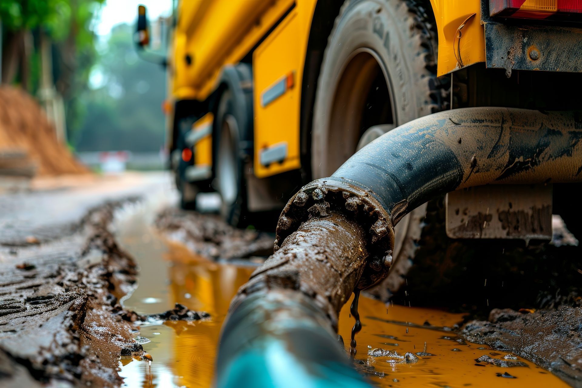 Un camion jaune muni d'un tuyau pompe un liquide boueux dans une flaque d'eau sur une rue boueuse.