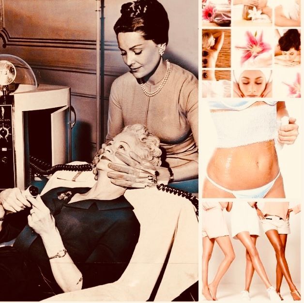 Escena de salón vintage: Mujer recibiendo un tratamiento facial por parte de un miembro del personal