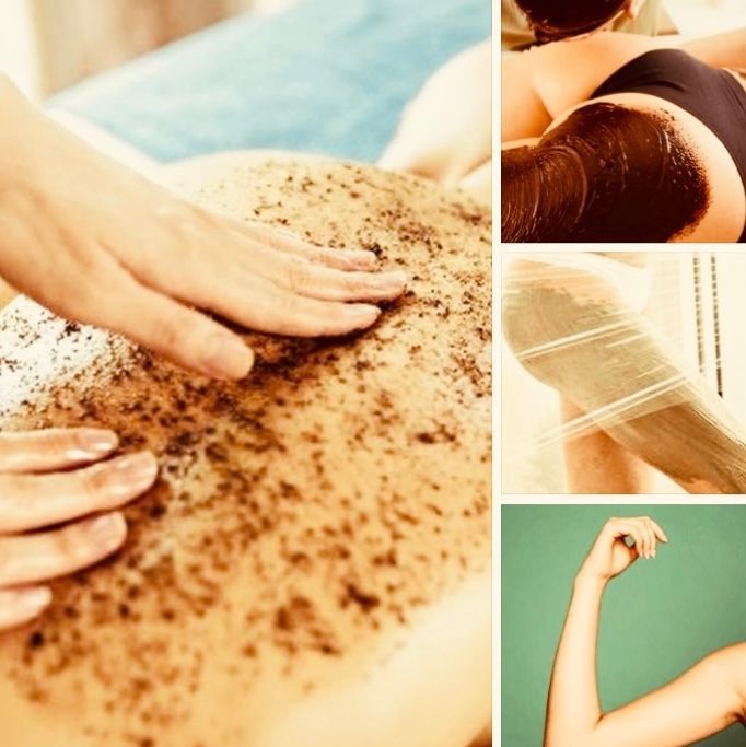 Collage de tratamiento de spa: exfoliación, envoltura de barro, envoltura de plástico y flexión de brazos.