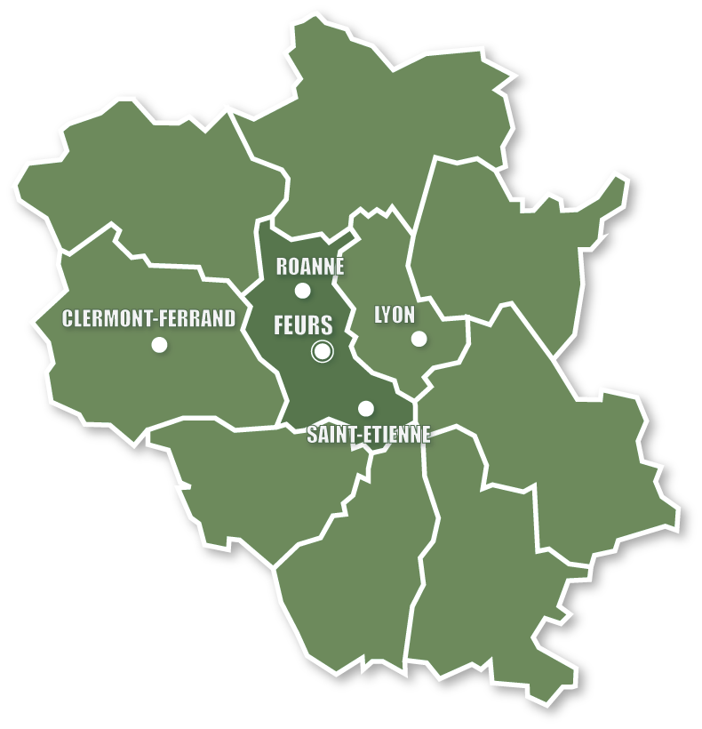 Carte d'une région de France, avec des villes comme Lyon et Clermont-Ferrand mises en évidence.