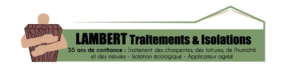 Vers la page d'accueil Logo de Lambert Traitements & Isolations. Une personne tient un seau marron. Bannière verte avec texte.
