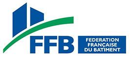 Logo de la FFB avec des formes de bâtiments bleues, un arc vert et le texte « FÉDÉRATION FRANÇAISE DU BATIMENT ».