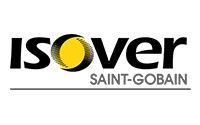 Logo Isover Saint-Gobain : texte noir « Isover », cercle jaune/noir et « SAINT-GOBAIN » en gris en dessous.