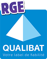 RGE Qualibat logo: Blue square with pyramid shape, purple RGE label, white text