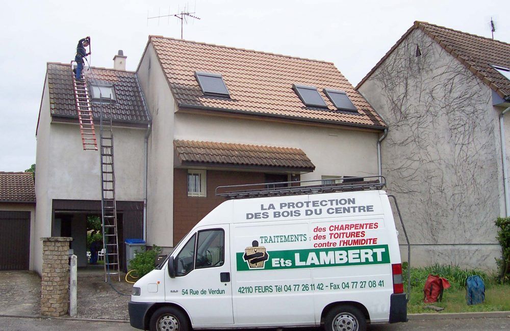 Un homme lave une maison sur le toit. Une camionnette blanche « EL LAMBERT » est garée devant.