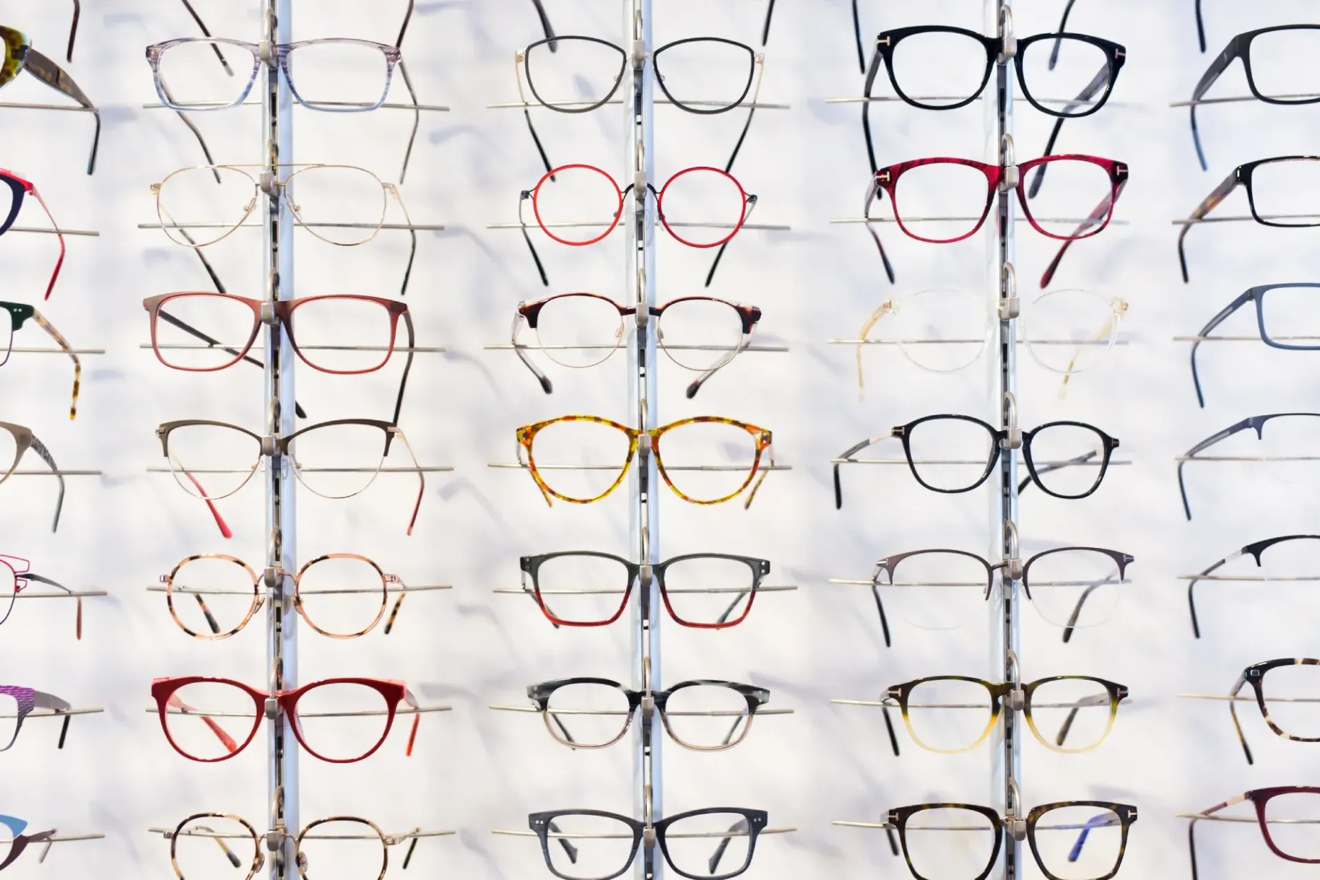 Marcos de gafas expuestos en una pared blanca en una tienda de óptica, en varios colores y estilos.