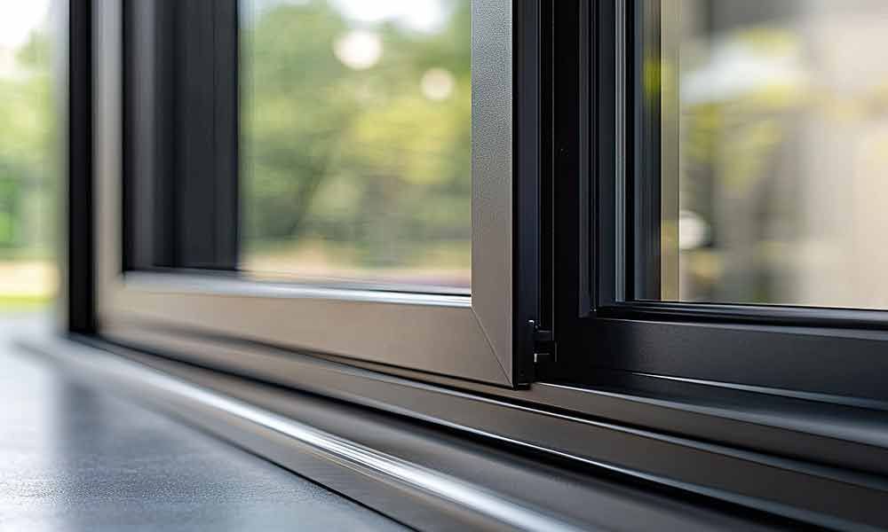 Schiebefenster mit schwarzem Rahmen, Nahaufnahme, Blick auf verschwommene grüne Bäume.