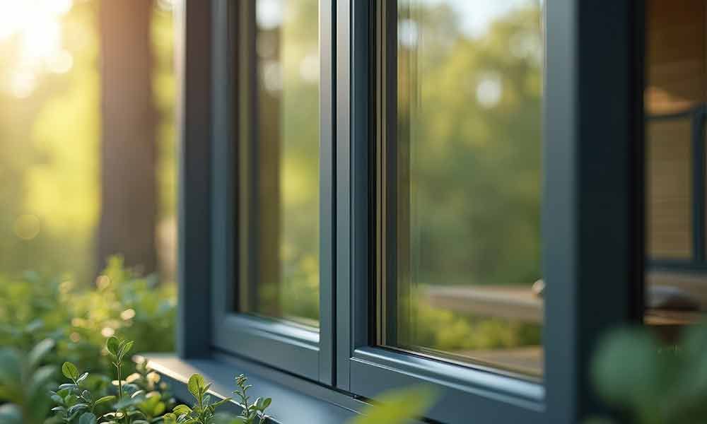 Nahaufnahme eines dunkel gerahmten Fensters, in dem sich eine verschwommene grüne Landschaft spiegelt. Sonnenlicht und Pflanzen sind sichtbar.