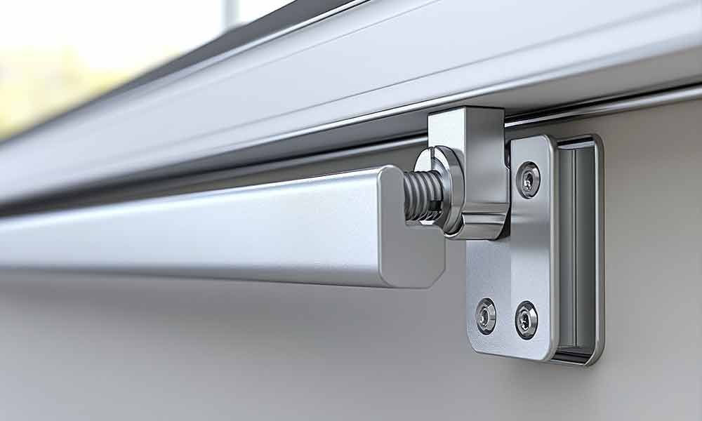 An der Wand montierter, silberner Fensterverriegelungsmechanismus, bestehend aus Stange, Halterung und Schraube.