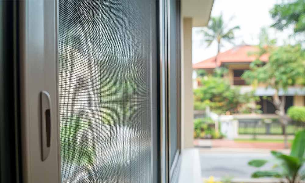 Nahaufnahme eines weißen Fenstergitters, verschwommener Blick auf eine Straße und ein Haus davor.