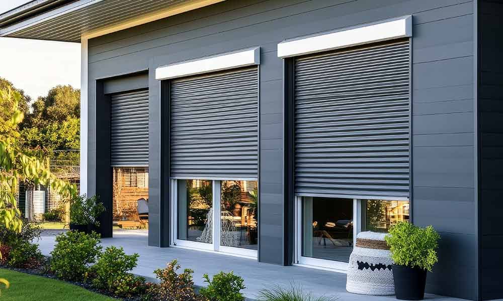 Dunkelgraue Rollläden an einem modernen Haus, die die Fenster abdecken.