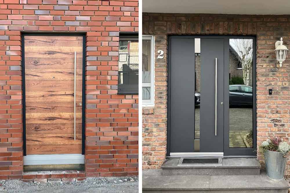 Zwei Vordertüren, eine aus Holz, eine grau mit Seitenfenster, in Ziegelwände eingelassen.