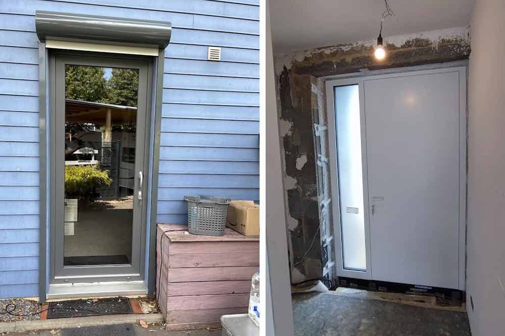 Zwei Ansichten einer Tür: Außenansicht, blaue Verkleidung mit Rollladen, und Innenansicht, unfertige Wände um eine weiße Tür.