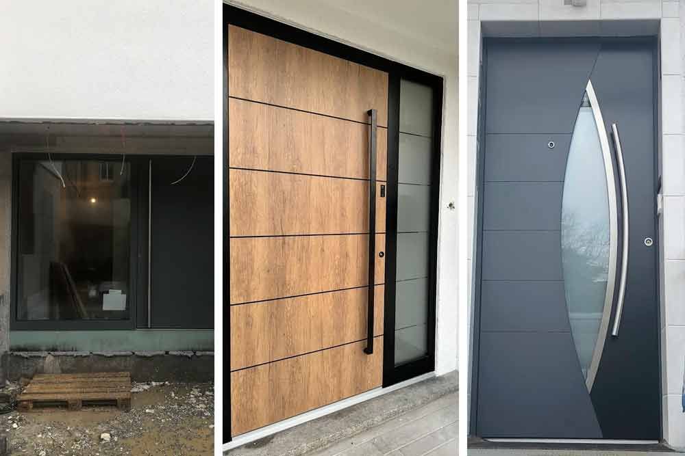 Drei moderne Haustüren: Dunkelgrau, helle Holzmaserung und Schiefergrau mit Dekorglas.