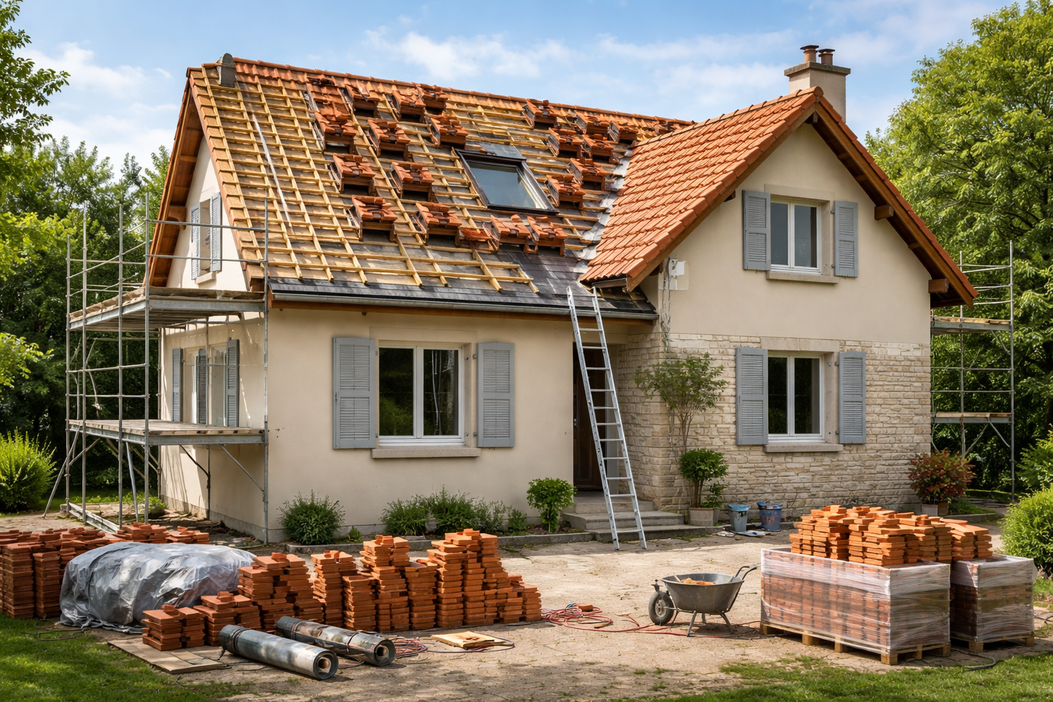 Réparation de la toiture d'une maison avec échelles, échafaudages et piles de briques dans la cour