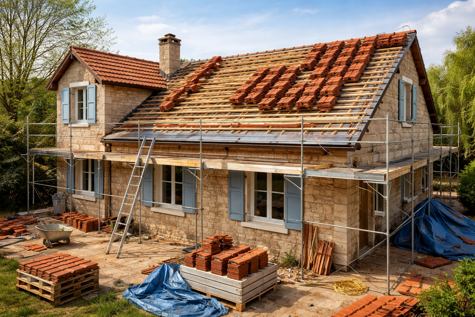 Maison en rénovation avec échafaudages, échelles et briques empilées sous un toit partiellement recouvert de tuiles