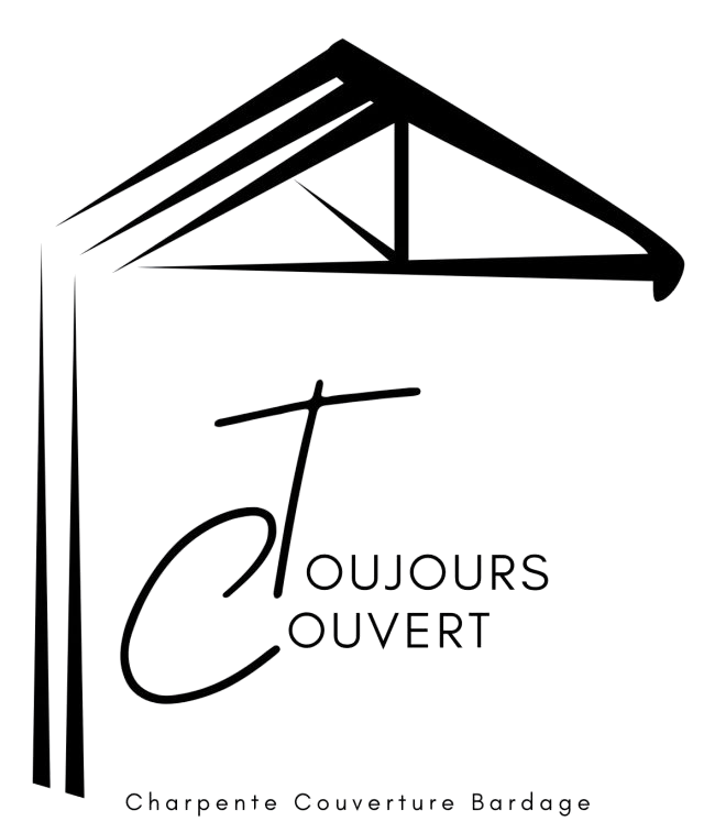 Logo noir et blanc de l’entreprise Toujours Ouvert, avec toit stylisé et texte Charpente Couverture Bardage.