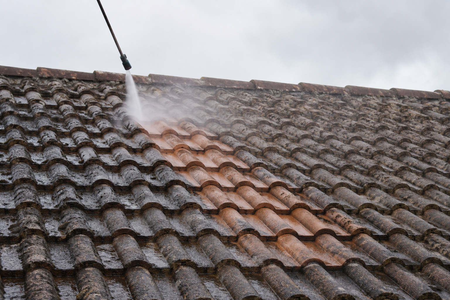 Toiture endommagée avec sous-toiture en bois apparente et tuiles foncées manquantes suite aux dégâts causés par la tempête