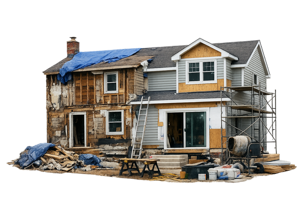 Maison en rénovation avec échafaudages, bardage en bois apparent et bâche bleue sur le toit