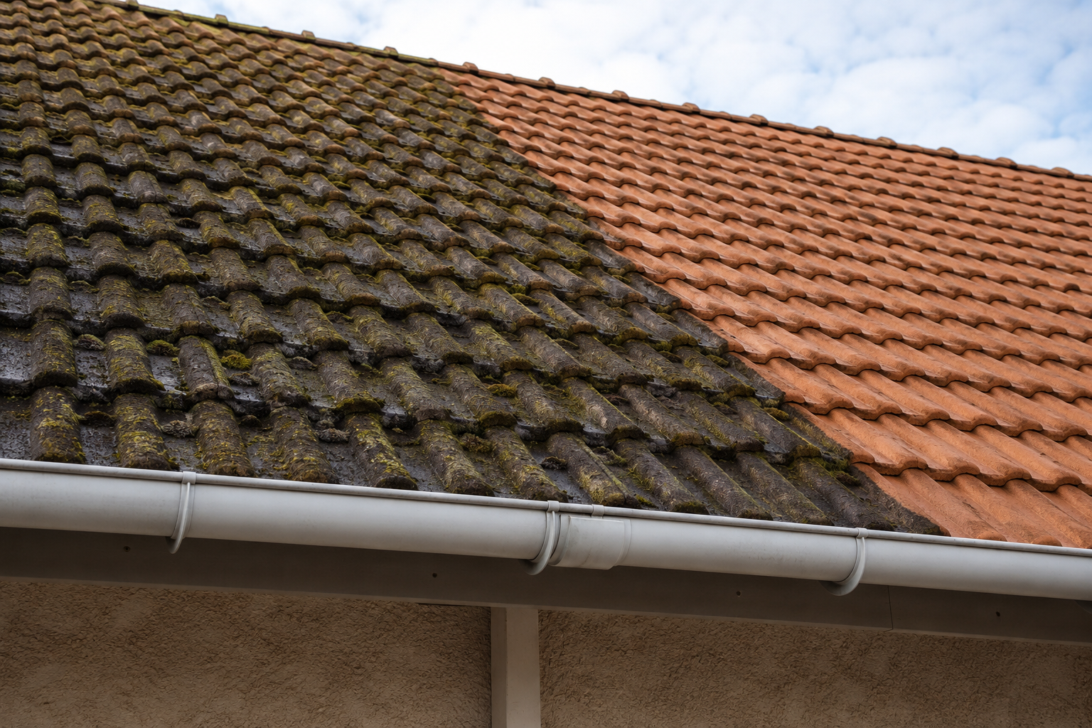 Toiture endommagée avec des tuiles manquantes et une sous-toiture en bois apparente sous un ciel nuageux