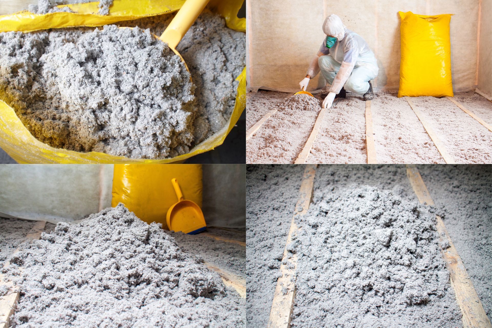 Un ouvrier du bâtiment mélange un matériau isolant gris dans une pièce avec des sacs jaunes et une souffleuse à isolant