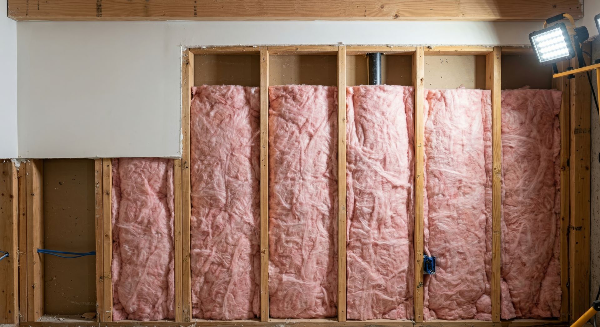Mur encadré en construction, avec des panneaux isolants roses et des montants apparents, éclairé par une lampe de chantier