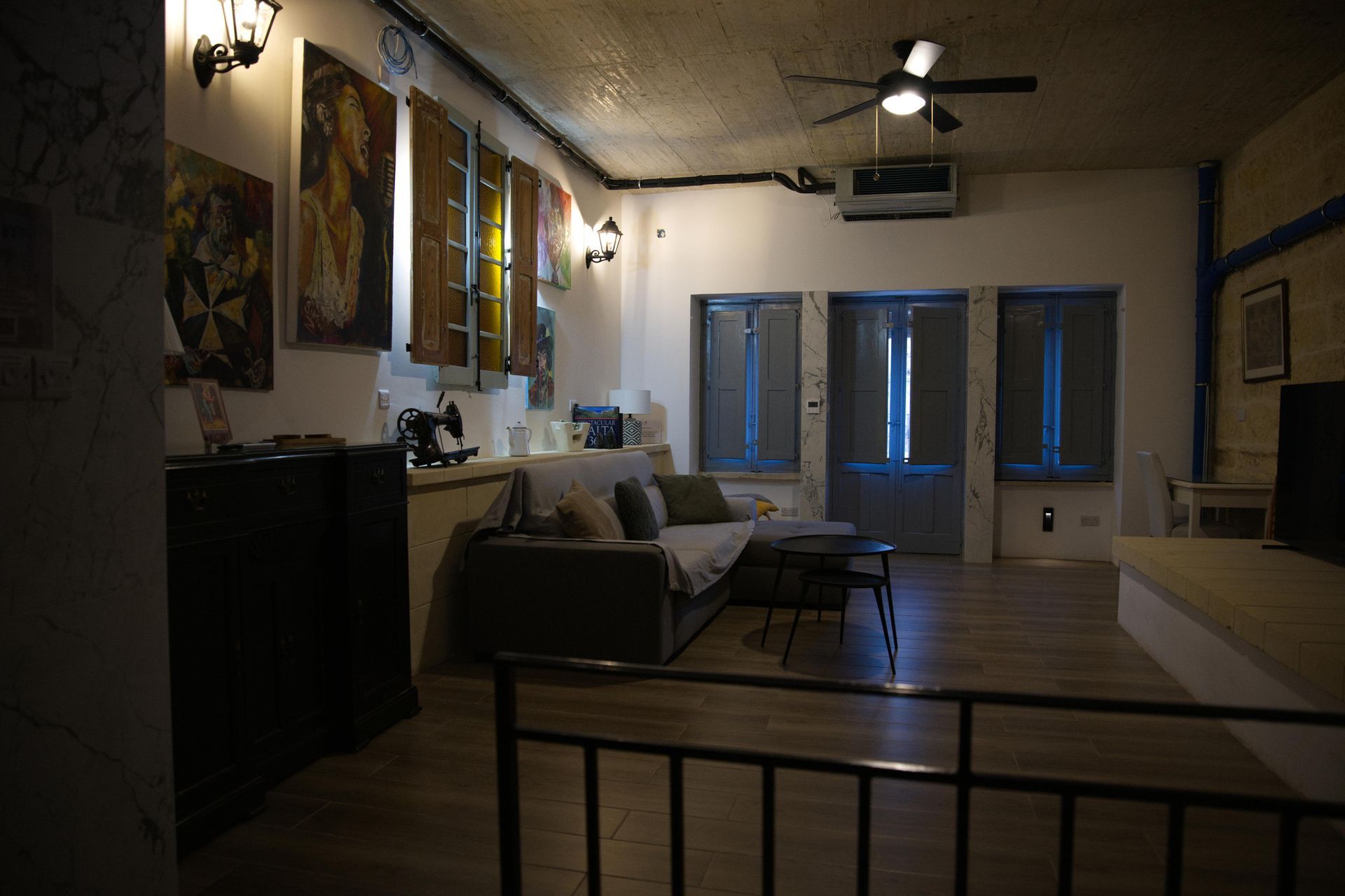 Living room in the evening with warm lighting