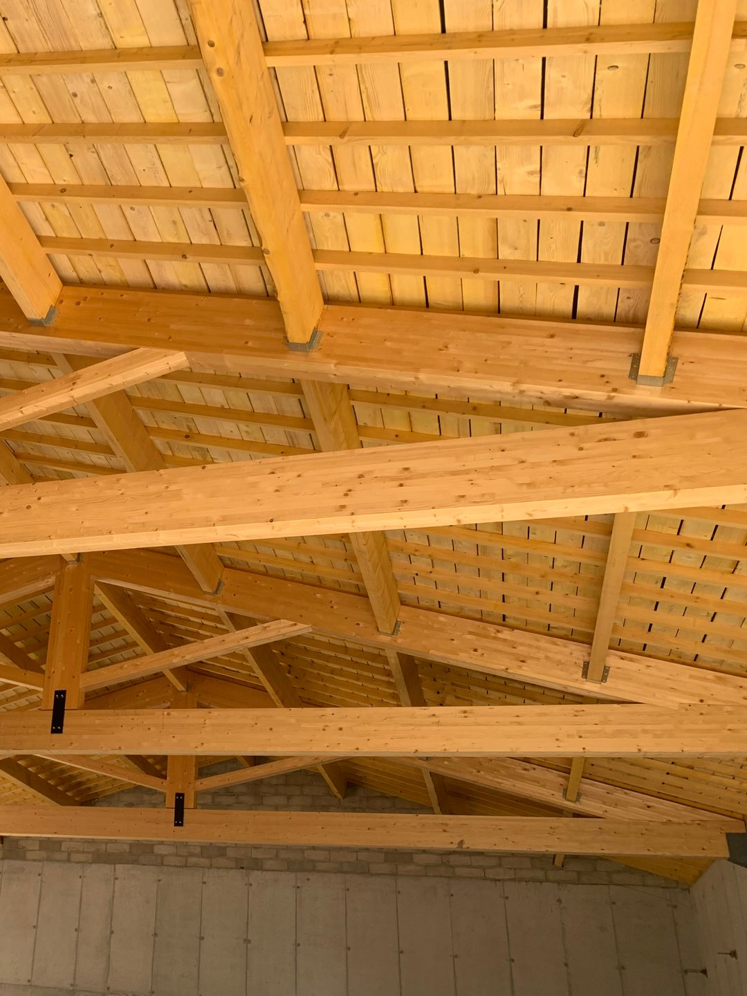 Toiture en bois avec poutres, chevrons et revêtement apparents. Ton bois naturel.