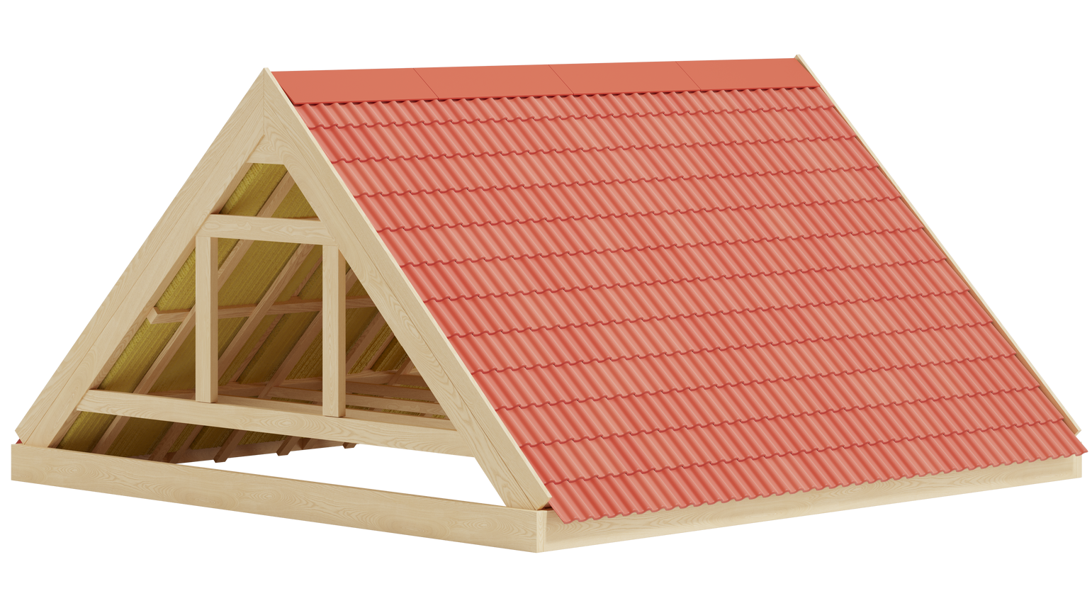 Toiture en tuiles rouges sur une ossature en bois.