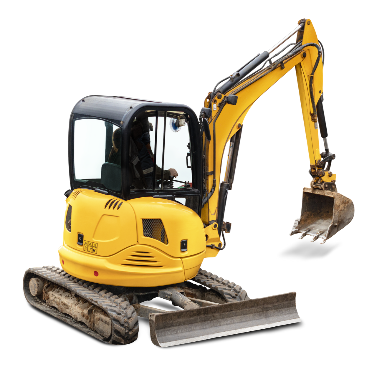 Minipelle jaune avec chenilles avec un godet.